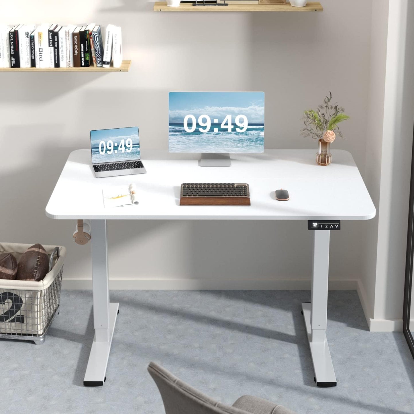 Furmax Electric Height Adjustable Standing Desk Large 48 x 24 Inches Sit Stand up Desk Home Office Computer Desk Memory Preset with T-Shaped Metal Bracket, White