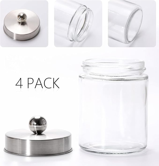 Tbestmax Glass Qtip Holder Dispenser, 10-Ounce Bathroom Containers Apothecary Jars with Metal Lids for Cotton Ball Swab Pad (4 Pack)