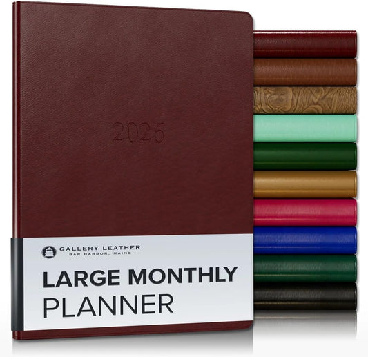 Gallery Leather Large Monthly Planner 2025-2026, Elegantly Bound Calendar Planner and Notebook with Stylish Gold-Gilded Page Edges, 18 Months - Tremont Garnet - 9.75x7.5"