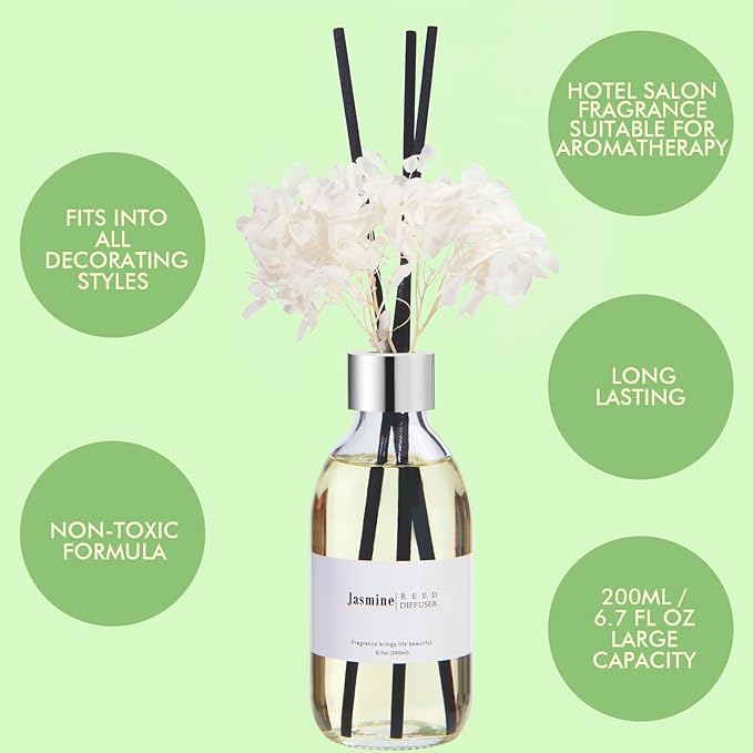Clesh Reed Diffuser Set, 6.7 oz Jasmine Scented Diffuser with Sticks, Home Fragrance Reed Diffuser for Bathroom Shelf Decor