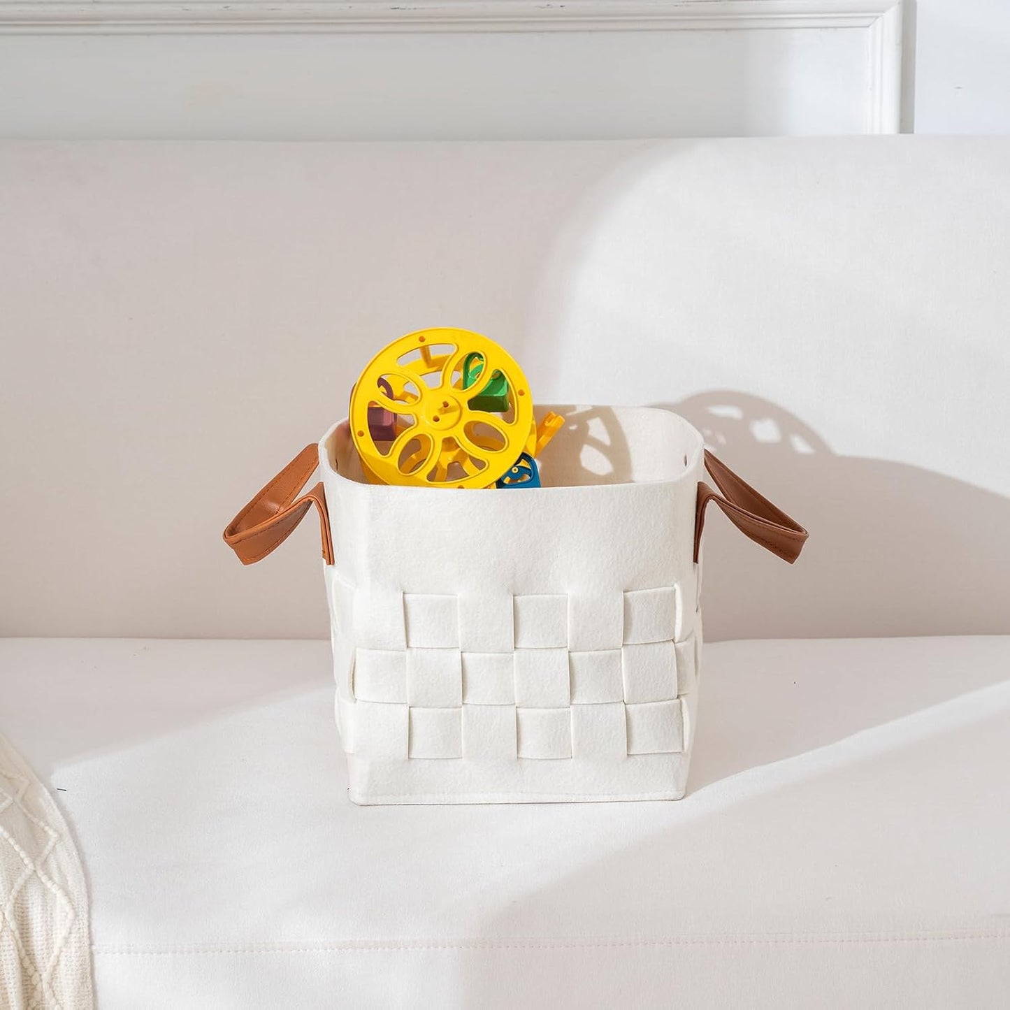 Bold monkey Storage Basket 3 Pack, Medium 10" x10" x10 " Baskets for Shelves with Leather Handle, Cube Felt Fabric Storage Box for Bedroom, Nursery, Living Room - Beige