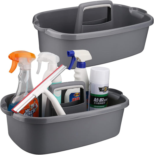 Cleaning Caddy Organizer with Handle, Gray Plastic Bucket for Cleaning Supplies Products, Cleaning Tool Storage Tote, 2 Pack