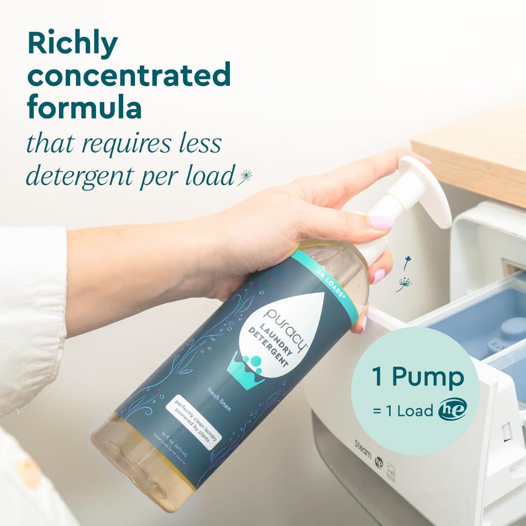 Puracy Laundry Detergent - Enzyme-Powered Liquid Laundry Detergent Concentrate, Natural Laundry Detergent Seen on TikTok, Non-Toxic (Fresh Linen, 16 fl oz, 64 Loads)