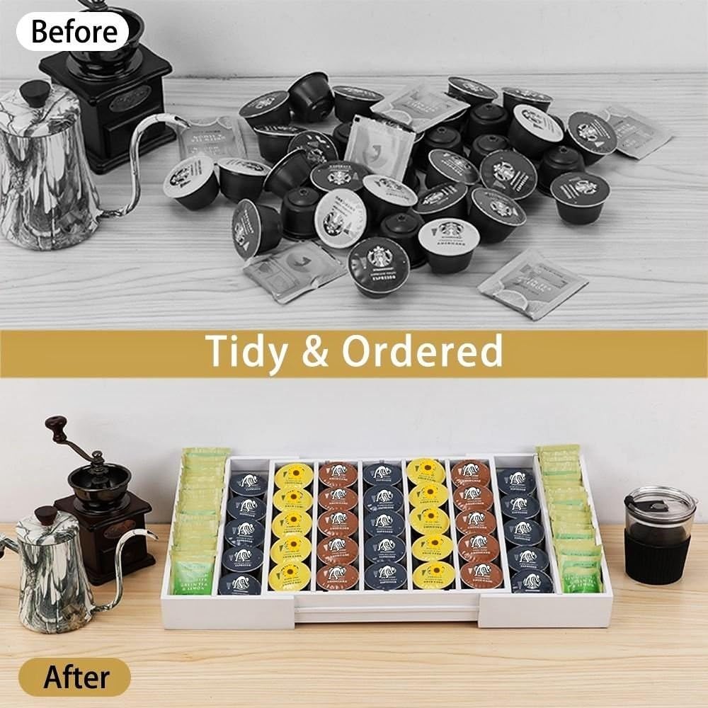 K Cup Holder,Bamboo Coffee Pod Holder Drawer Organizer, Expandable Coffee Pod Holder Tea Bag Storage Organizer for Kitchen Office Coffee Bars,Accommodate 45 K Cups (White)