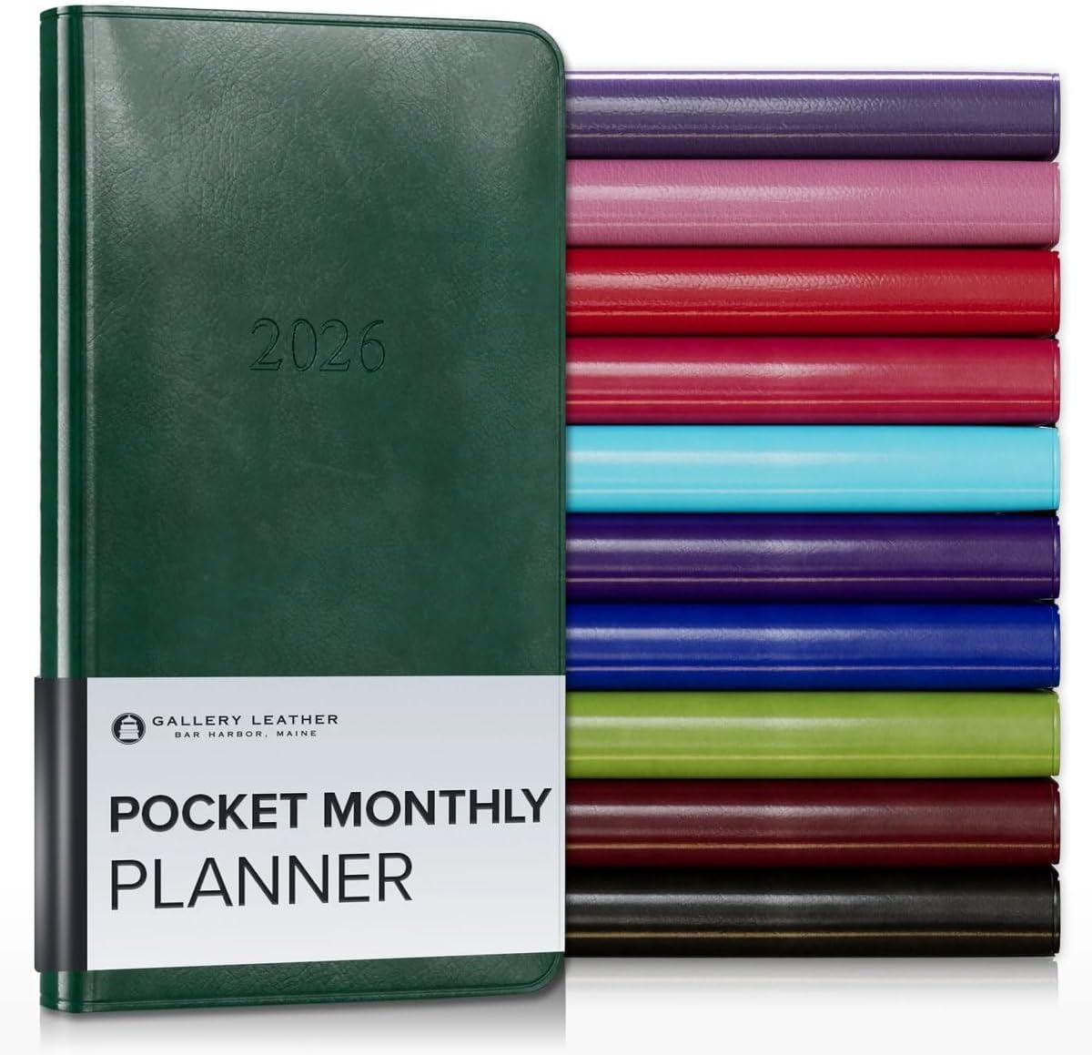 Gallery Leather Pocket Monthly Planner 2025-2026, Elegantly Bound Calendar Planner and Notebook with Stylish Gold-Gilded Page Edges, 18 Months - Acadia Green - 6x3.25"