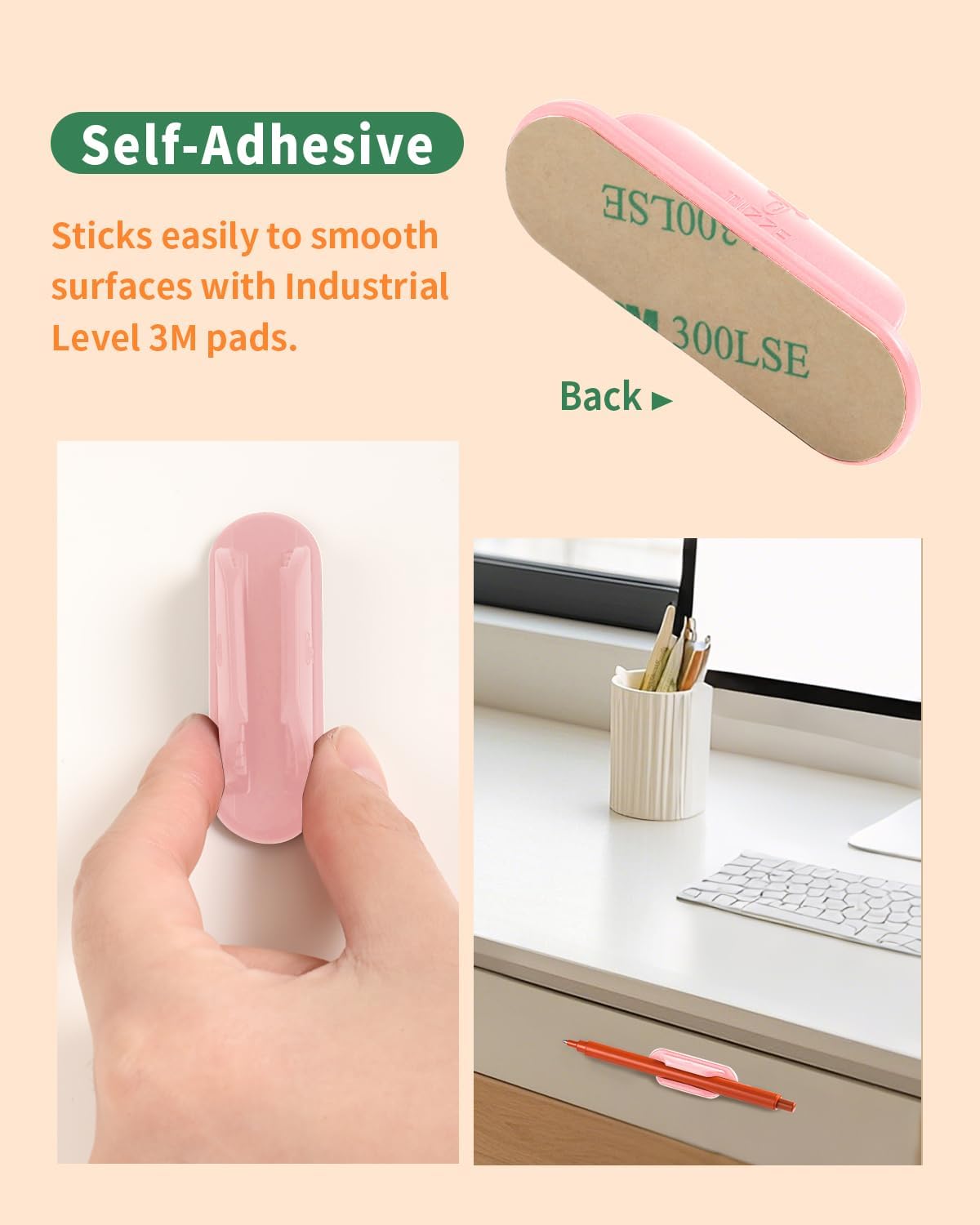 Adhesive Pencil Holders for Desk Set of 10 - Silicone Pen Holder with 15 PCS Adhesive Pads - Flexible Pencil Holder for Office Essentials Accessories and Teacher Supplies, Pink