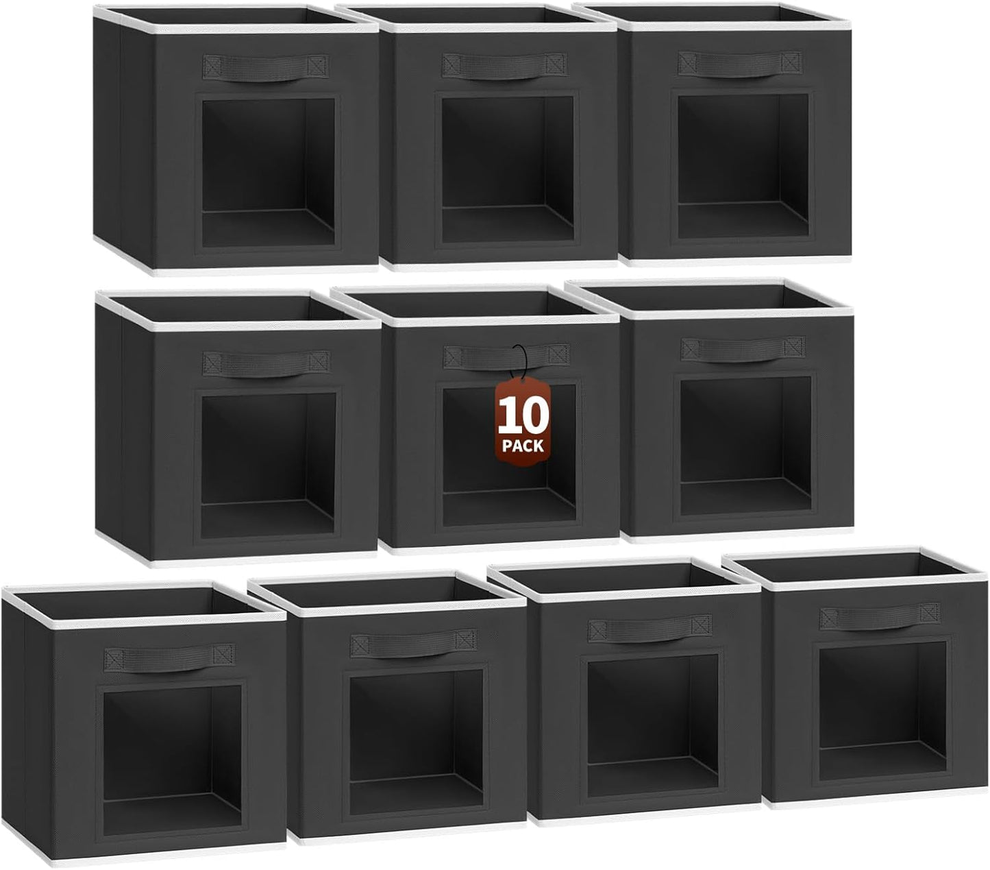 Foldable Storage Cubes - Cubby Storage Organizer with Window, Decorative Baskets for Organizing, 11 Inch Fabric Cube Shelf Bins, Set of 10, Black
