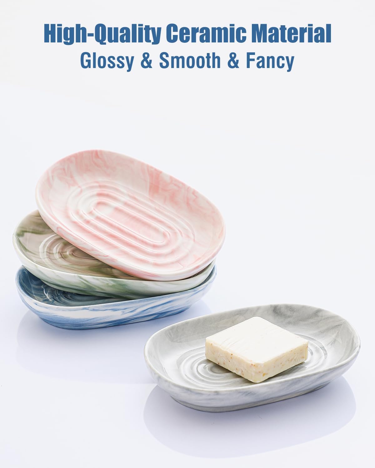 Handcrafted Fancy Ceramic Soap Dish, Decorative Soap Holder with Unique Marble Textures, Multi-Purpose Soap Bar Holder for Bathroom & Kitchen, Non-Slip & Waterproof (Blue Texture)