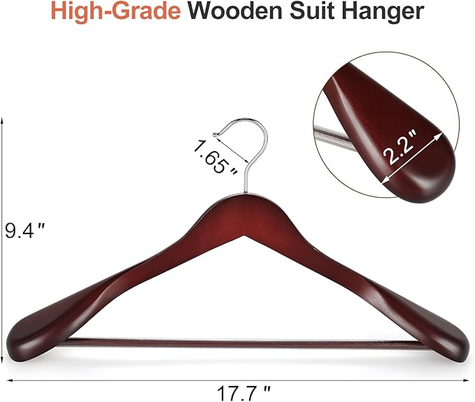TOPIA HANGER Wide Shoulder Wooden Hangers, Suit Hangers with Non Slip Pants Bar & 360° Swivel Hook, Solid Wood Heavy Duty Coat Hanger, 6 Pack (Matte Cherry)-CT02C