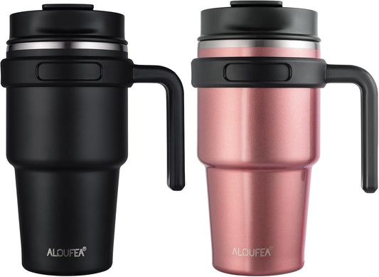 ALOUFEA 20 oz Insulated Coffee Mug Tumbler with Handle, Stainless Steel Travel Mug Tumbler with Lid and Straw,Double Wall Vacuum Leak Proof Ice Coffee Thermal Cup, Black/Rose Gold