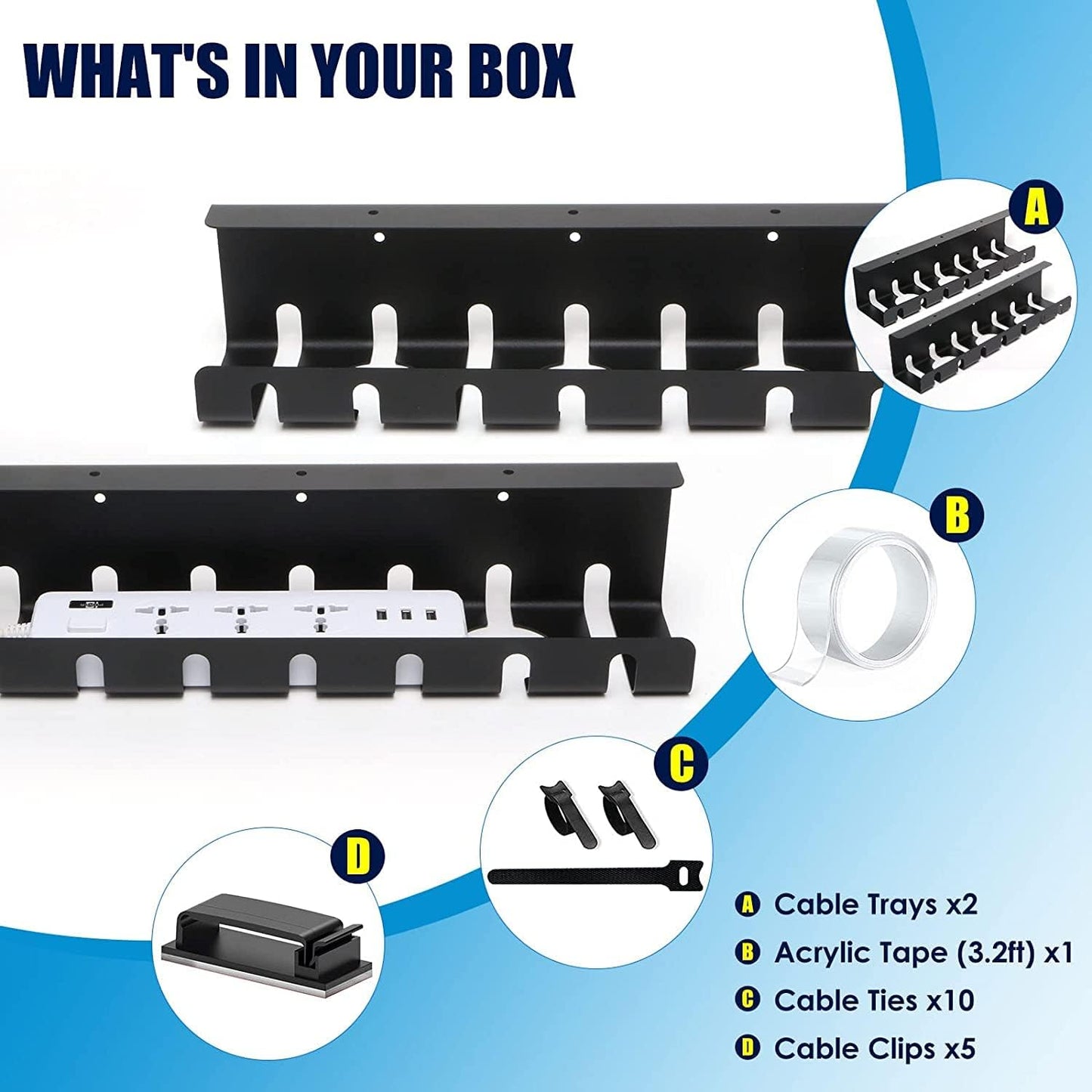 Under Desk Cable Management, 2 Pack 17" Cable Tray Organizer, No Drill or Screw Mount, Standing Desk Cable Management, Cord Organizer, Black