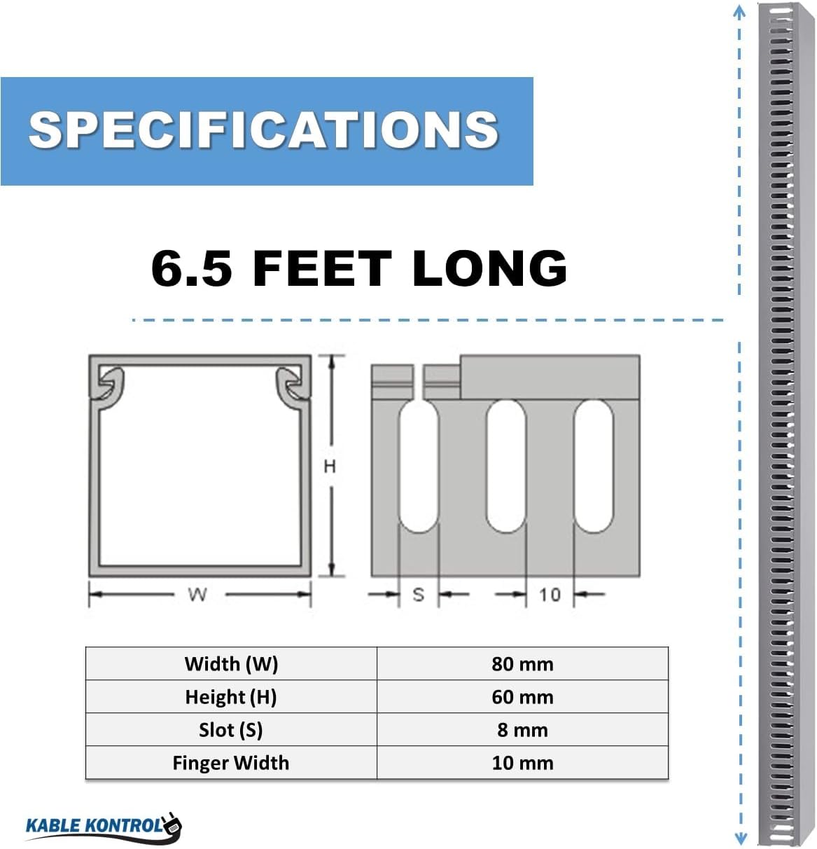 Kable Kontrol Wire Duct Open Slot Cable Raceway - 3” Width x 2” Height - 6.5 feet Long - 8 Pcs/Pack – Gray – PVC Wiring Trough Wire Cover Cord Hider for Under Desk Industrial Cable Management