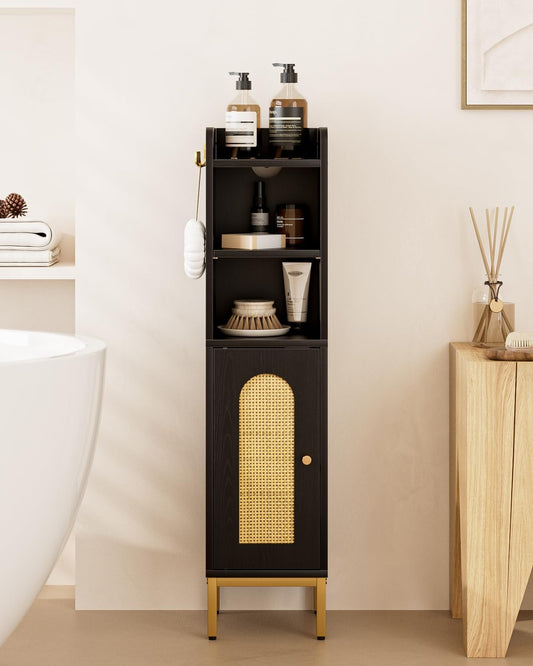 Bathroom Storage Cabinet, Small Corner Floor Hutch with 2Hooks,Narrow Toilet Paper Cabinet with Rattan Door,Bathroom Organizer with Adjustable Shelf, for Small Spaces(Classic-Rattan, Black)