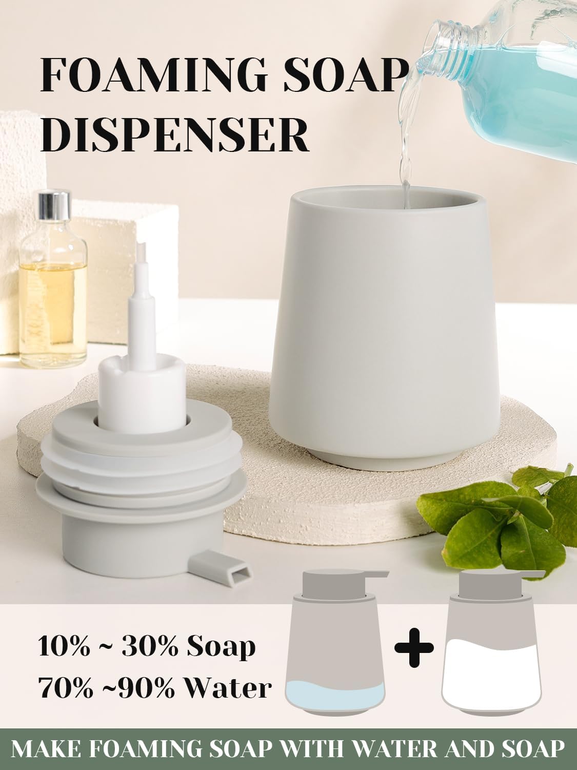 INGOFIN Ceramic Foaming Soap Dispenser -14 oz Foam Hand Soap Dispenser Bathroom, Modern Refillable Dish Wash Bottle for Kitchen with Large Pump, Matte Grey