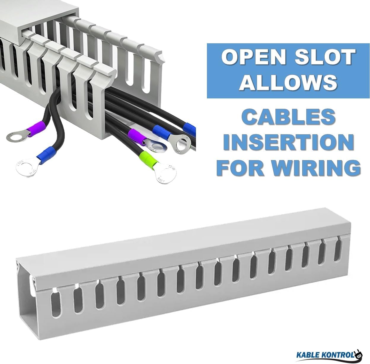 Kable Kontrol Wire Duct Open Slot Cable Raceway - 3” Width x 3” Height - 6.5 feet Long - 8 Pcs/Pack – Gray – PVC Wiring Trough Wire Cover Cord Hider for Under Desk Industrial Cable Management