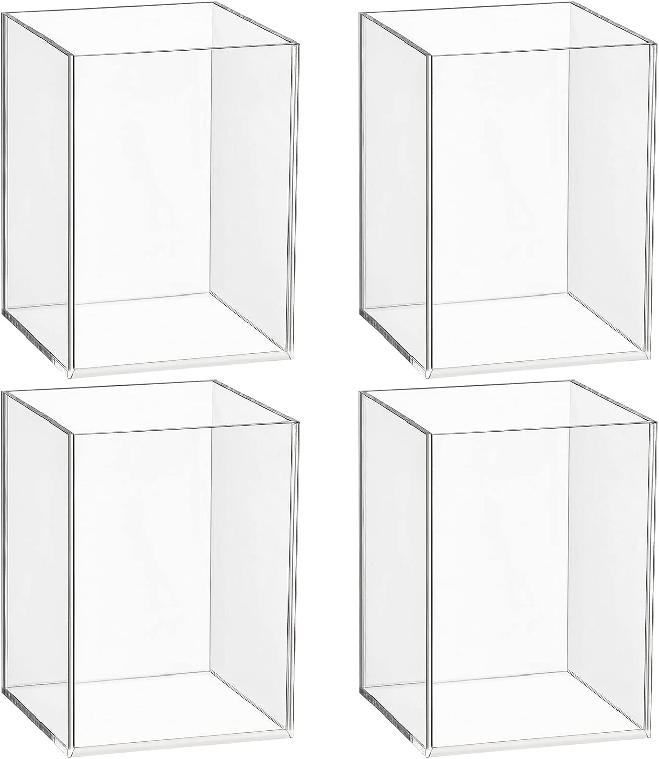 4-Piece Clear Acrylic Pen Holder & Pencil Cup - Makeup Brush Holder - Desktop Stationery Organizer for Office, School, Home - 4 Pack, Square