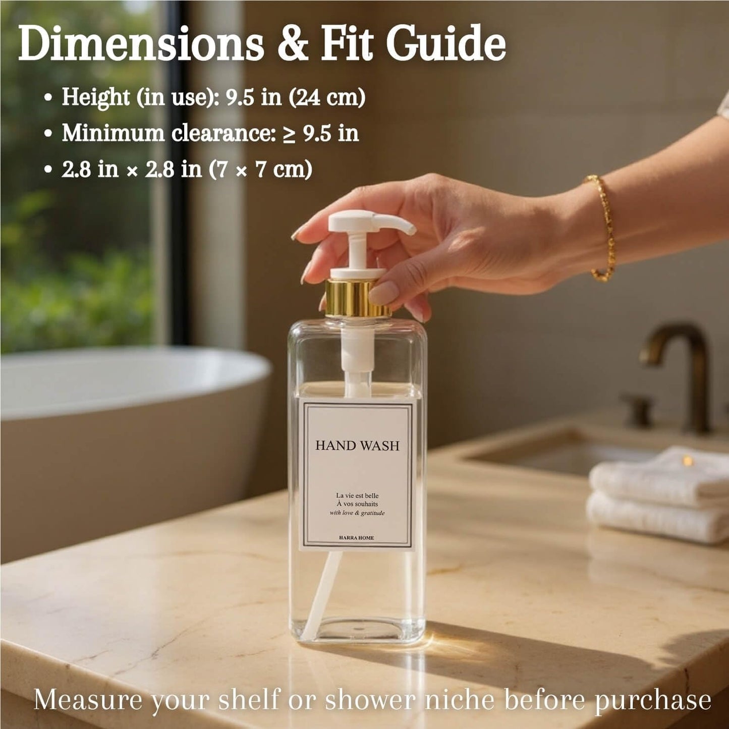 Modern Gold Design 27 oz Shampoo and Conditioner Dispensers - Plastic Refillable Pump Bottle Set for Bathroom Shower Soap Dispenser, Gift Box Included, Set of 3 (Clear & White)