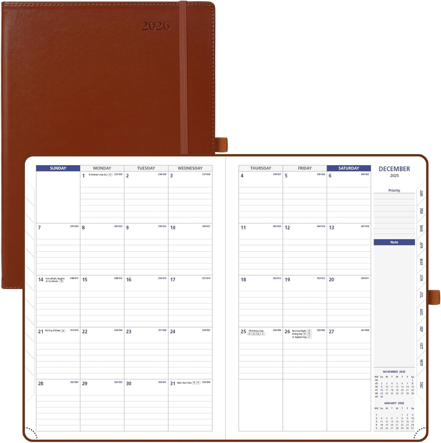 POPRUN Monthly Planner 2026-2027 (Large-8.25'' x 11.75''), 16 Months Calendaer (Dec 2025-Mar 2027) Appointment Book with Stair Tabs, Inner Pockets, Pen Holder, PU Leather Softcover - Brown