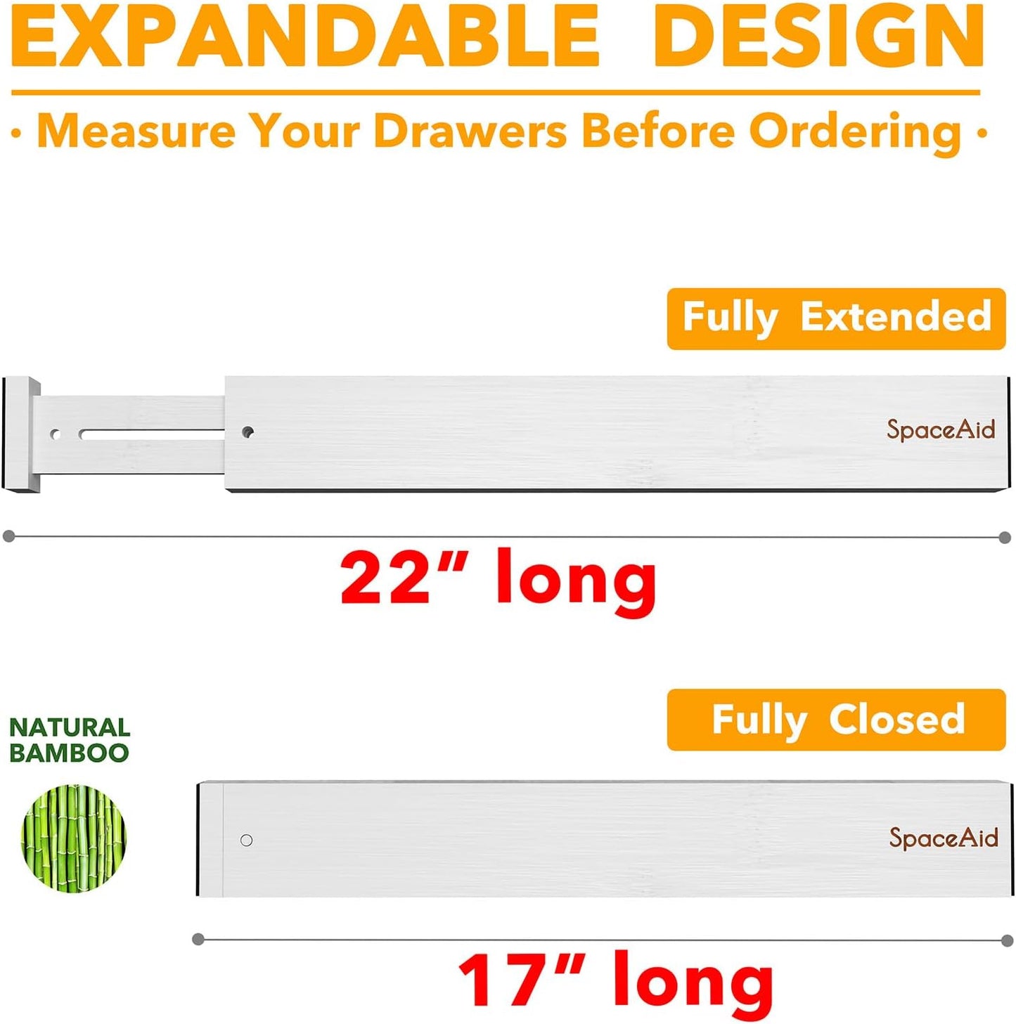 SpaceAid 4 Pack Bamboo Drawer Dividers with Labels, Kitchen Adjustable Drawer Organizers, Expandable Organization for Home Clothes Dressers (17-22 in, White)