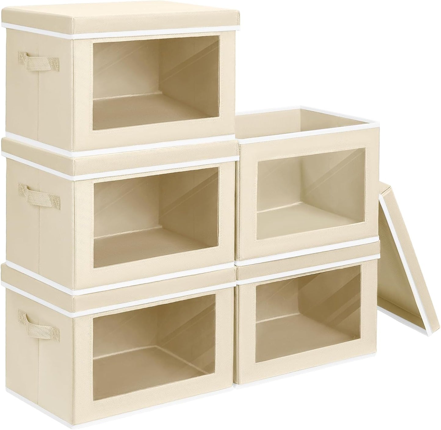 Storage Cubes with Lids - 5 Pack Foldable Clear Window Storage Bins, Large Decorative Storage Bins with Handles, Storage Containers for Clothes, Towel, Blanket, Sheet, Beige