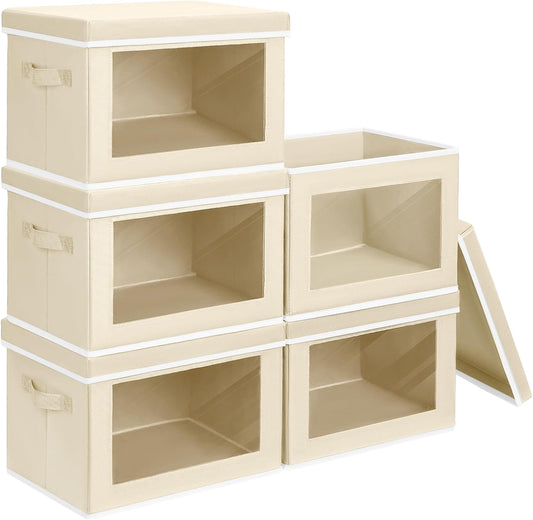 Storage Cubes with Lids - 5 Pack Foldable Clear Window Storage Bins, Large Decorative Storage Bins with Handles, Storage Containers for Clothes, Towel, Blanket, Sheet, Beige