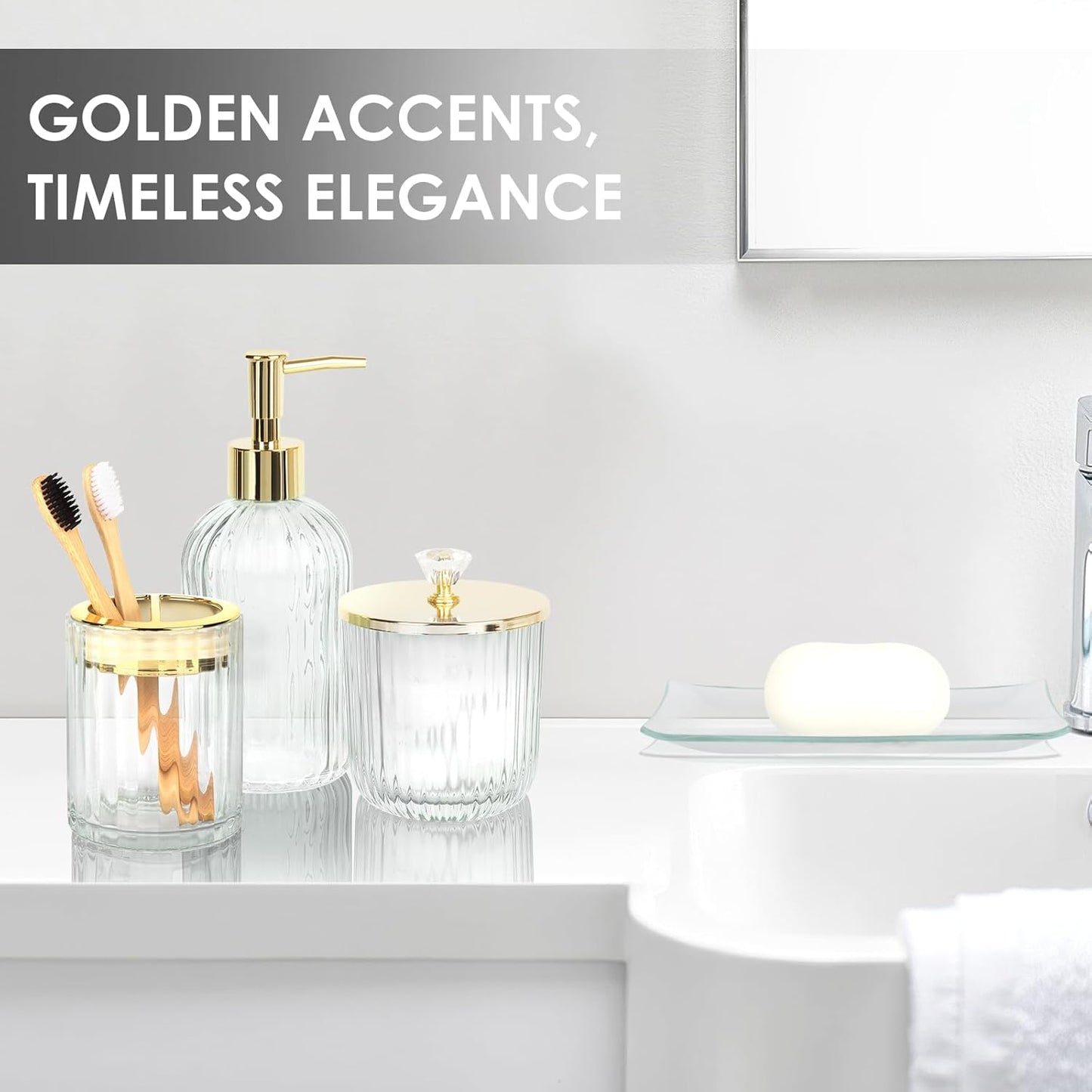 Designer Clear Glass Bathroom Accessories Sets - 4 Pcs with Lotion Soap Dispenser, Bathroom Toothbrush Holder, Vanity Tray, and Apothecary Jar, Vintage Bathroom Decor, Gift Countertop Organizer