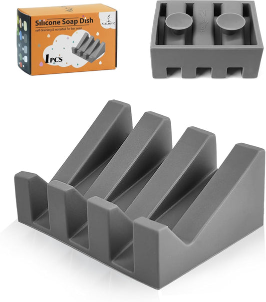 Silicone Soap Dish with Drain, Upgrade Double Suction Cups at The Bottom for Anti-Slip and Stability, Soap Dish Shower Waterfall Bar Soap Holder Tray with Drain Soap Holder (1, Grey)