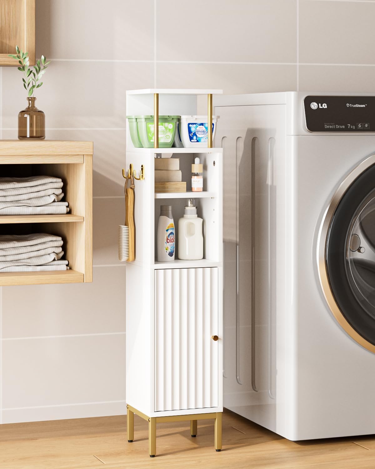 Bathroom Storage Cabinet,Small Corner Floor Cabinet with 2 Hook,Narrow Tall Toilet Paper Cabinet with Adjustable Shelves,Bathroom Organizer for Living Room,Small Spaces (Wave, White-37''H)