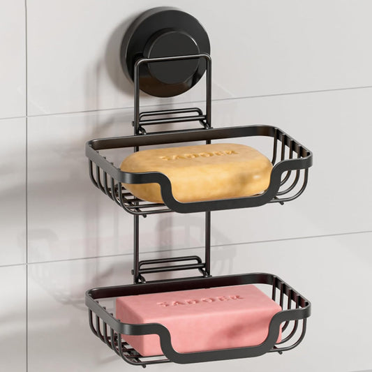 LEVERLOC 2 Tier Soap Holder, Soap Bar Dish for Shower Wall Mounted, Stainless Steel Suction Cup Sponge Holder for Bathroom Bathtub Kitchen Sink, Waterproof, Removable, Keep Dry, Black