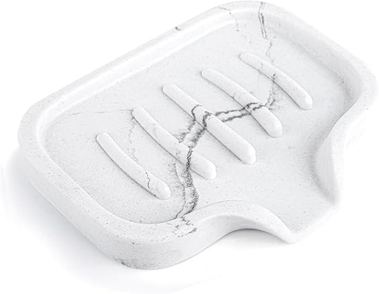 Self Draining Soap Dish- Bar Soap Holder for Shower, Marble Design Large Soap Savers Soap Tray Sponge Holder for Kitchen Bathroom Bathtub Sink, White