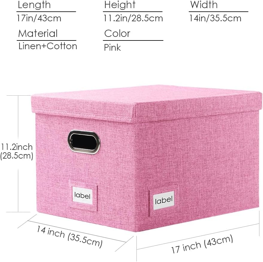 PRANDOM File Organizer Box - Set of 2 Collapsible Decorative Linen Filing Storage Hanging File Folders with Lids Office Cabinet Letter/Legal Size Pink (17x14x11.2 inch)