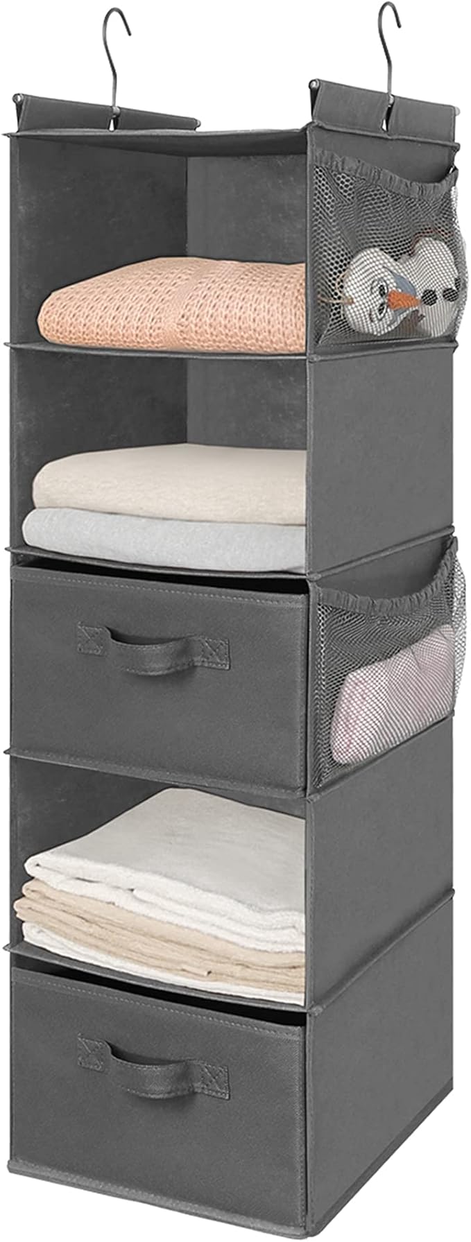 MAX Houser 5 Tier Shelf Hanging Closet Organizer, Cloth Hanging Shelf with 2 Sturdy Hooks for Storage, Foldable (Grey-D2)