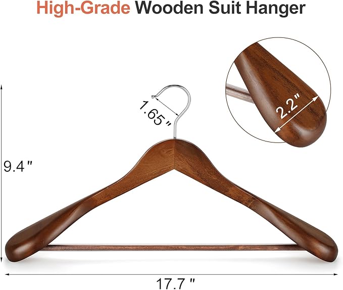 TOPIA HANGER Wide Shoulder Wooden Hangers, Suit Hangers with Non Slip Pants Bar & 360° Swivel Hook, Solid Wood Heavy Duty Coat Hanger, 6 Pack (Walnut)-CT02WA