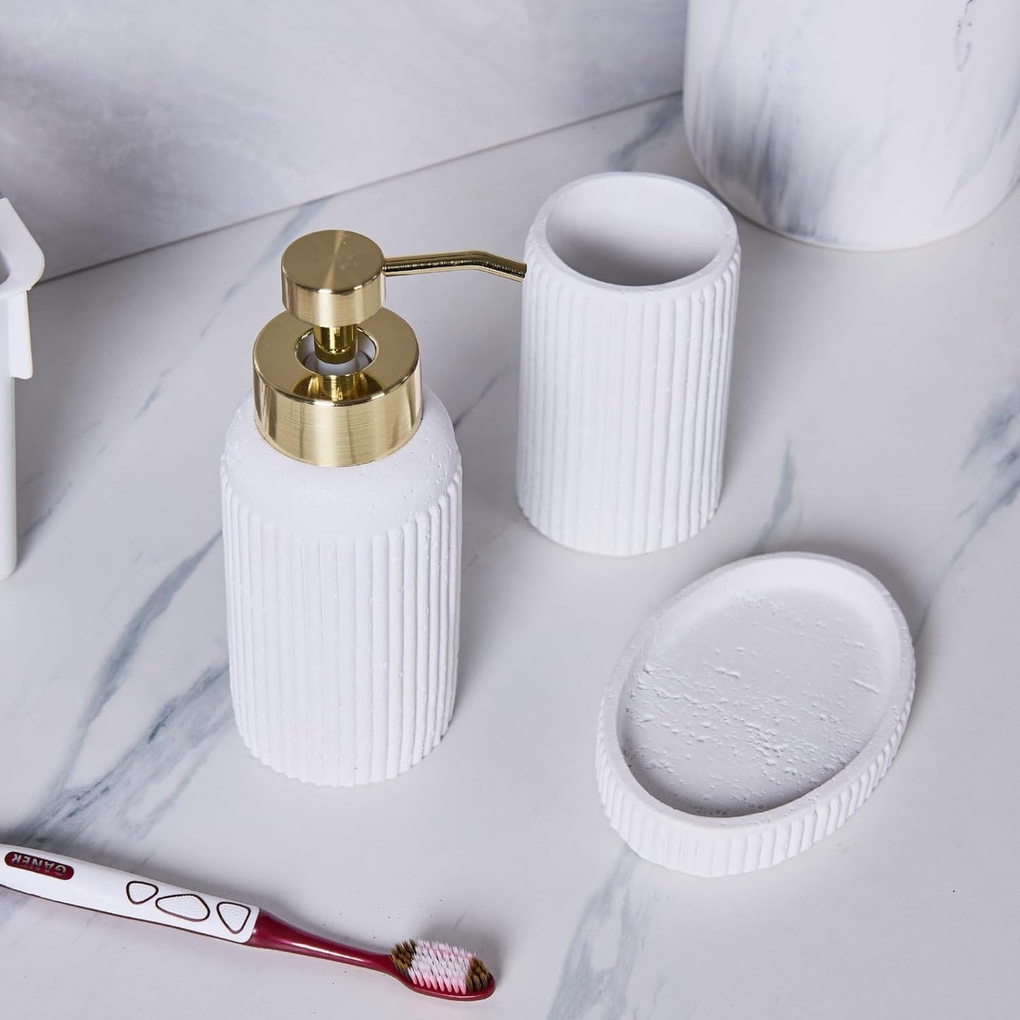 White Travertine Textures Bathroom Accessories Set 3 Pcs for Countertop - Toothbrush Holder Cup, Foaming Soap Dispenser, Soap Dish - Modern Resin Bathroom Décor Accessory Set for Housewarming Gift