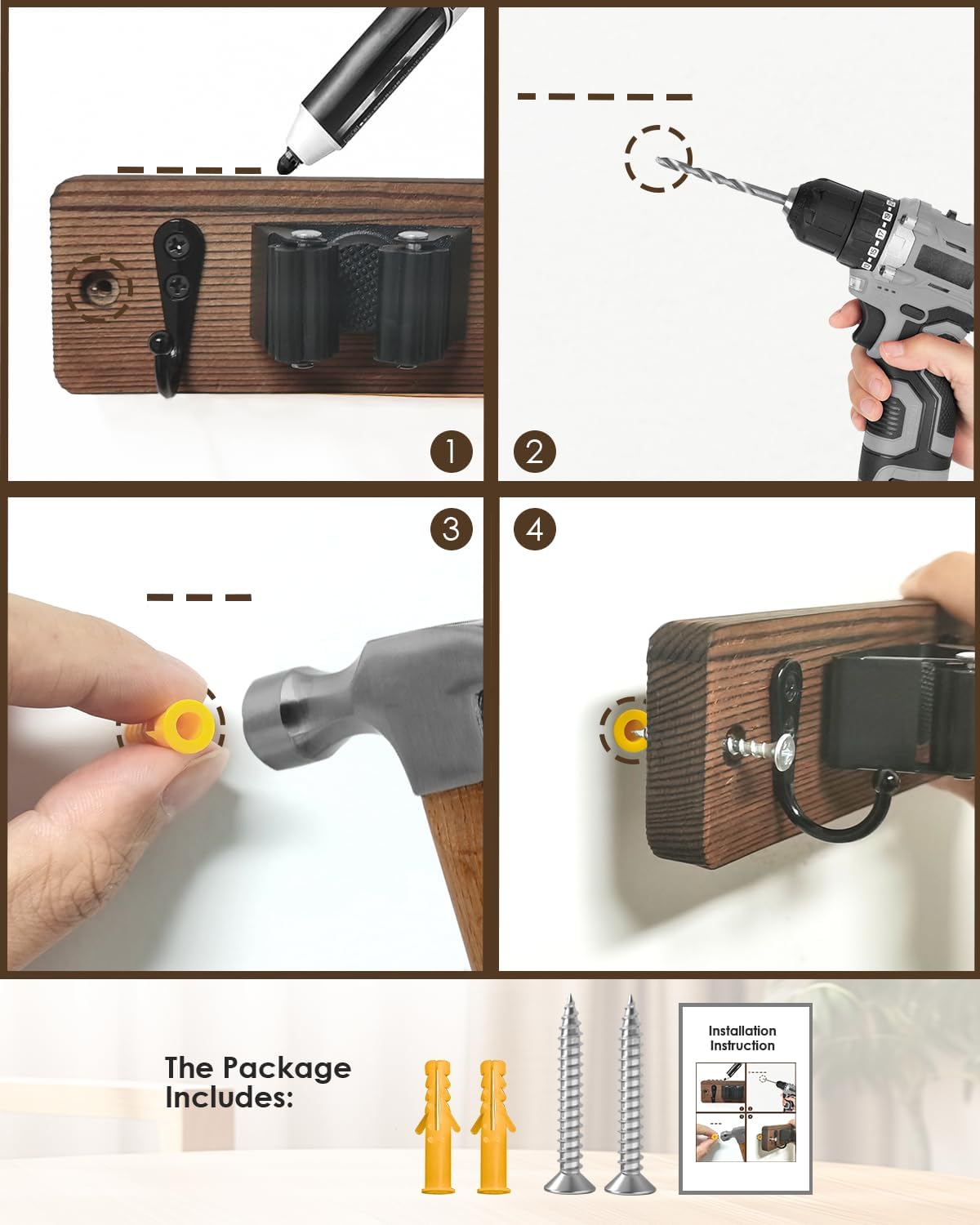 Broom Holder Wall Mounted, 4 Holders and 4 Hooks Mop Holder, Wooden Mop and Broom Holder with Anti slip rubber, Natural pine wood Brush Holder, Mop Wall Holde with Nail installation, Room Storage