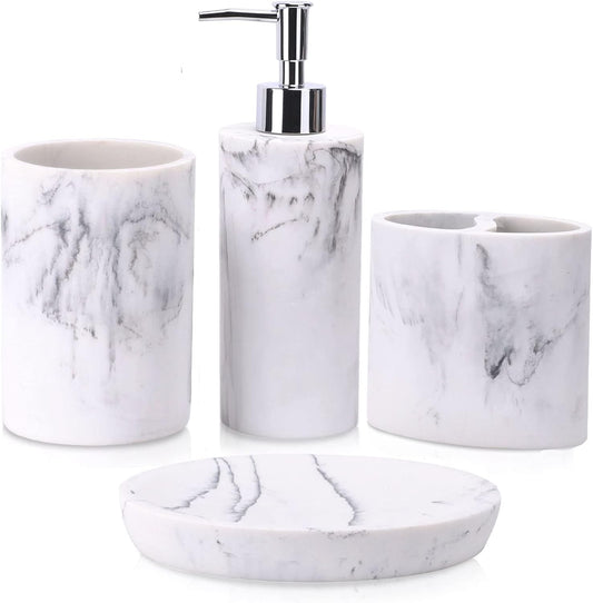 ZCCZ Bathroom Accessory Set, 4 Pcs Marble Look Bathroom Vanity Countertop Bathroom Décor Sets Accessories with Soap Dispenser, Toothbrush Holder Set, Tumbler, Soap Dish