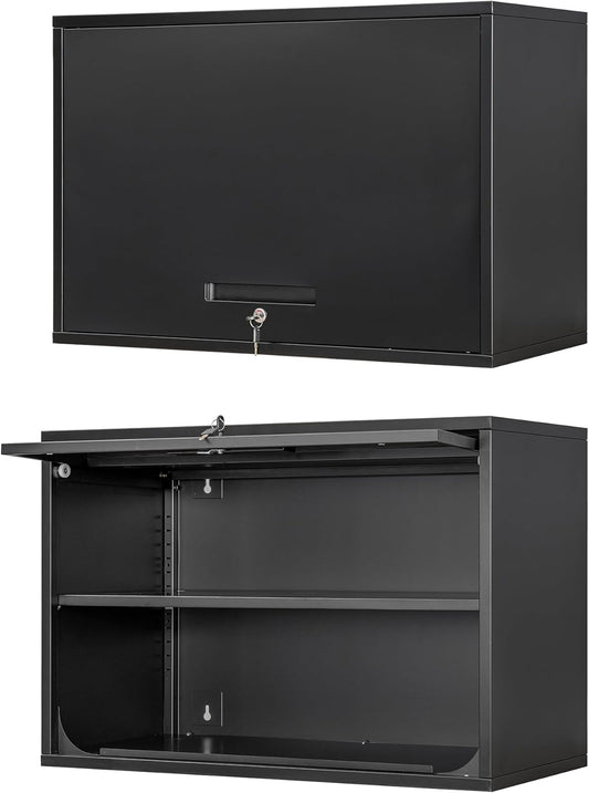 Metal Wall Cabinet with Locking Door and Shelf, Hanging Garage Cabinets with Up-Flip Doors for Garage, Warehouse, Home, Office, Assembly Required (Black, One Cabinet)