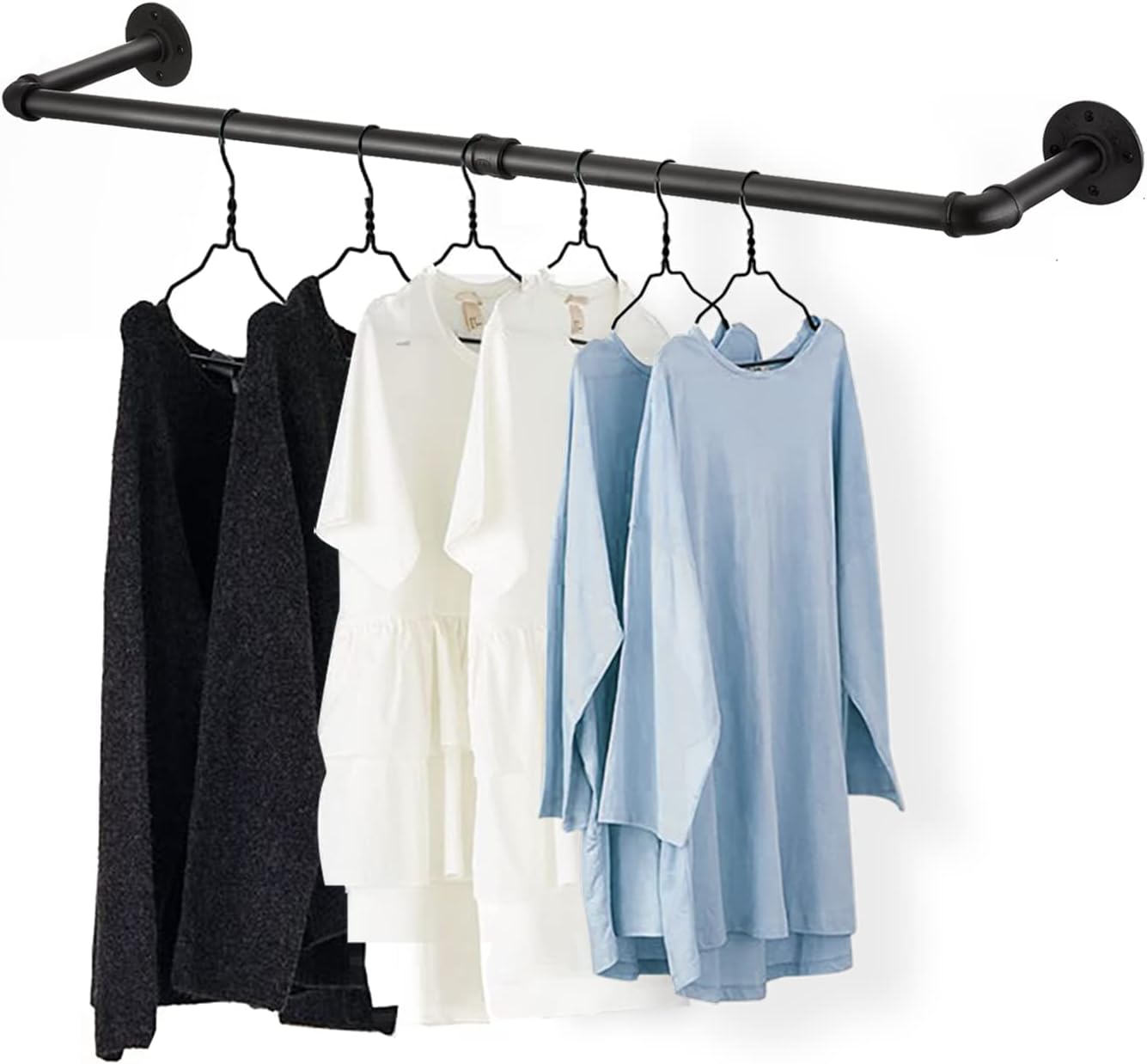 36” Wall Mounted Clothes Rack, Industrial Pipe Black Iron Garment Bar, Heavy-Duty Detachable Clothing Rod, Multi-Purpose Metal Wall display Hanging Pole for Closet Storage, Laundry Room 2 Base