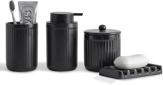 Ceramic Bathroom Accessories Set,Lotion Soap Dispenser and Toothbrush Holder Set, Soap Dish, Apothecary Jars,Rustic Farmhouse Decor, Bathroom Home Decor (Black Set, Liquid)