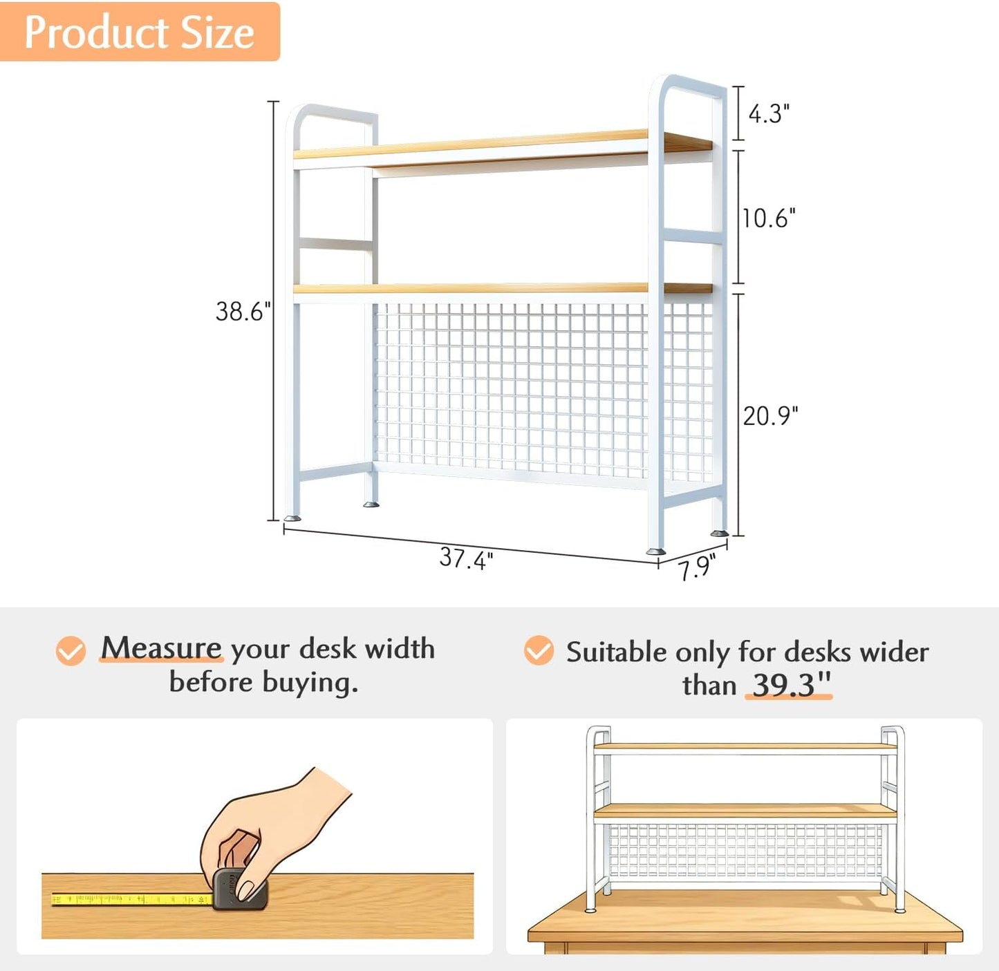 IOTXY 2-Tier Desktop Hutch Bookshelf - Metal Desk Shelf Bookcase with Grid Panel, Countertop Storage Organizer Rack for Dorm or Office, White, 37.4" W