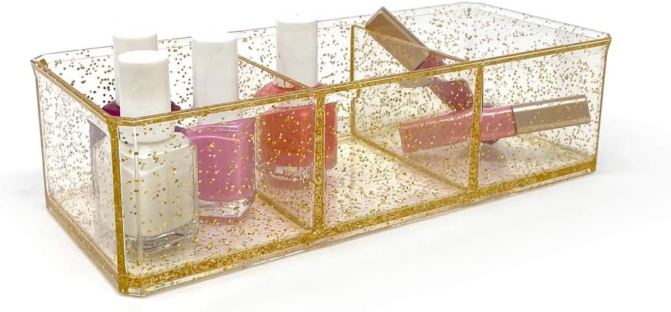 Isaac Jacobs Clear Acrylic 3 Section Organizer- Three Compartment Drawer Tray and Storage Solution for Office, Bathroom, Kitchen, Supplies, and More (Gold Glitter)