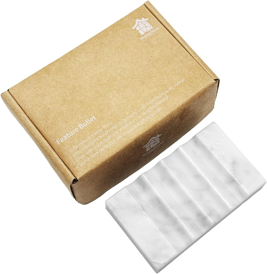 Real Marble Soap Dish for Shower Stone Tray Small Bar Soap Holder with Self Draining | Non-Slip, Luxury Bath Room Accessories (White)