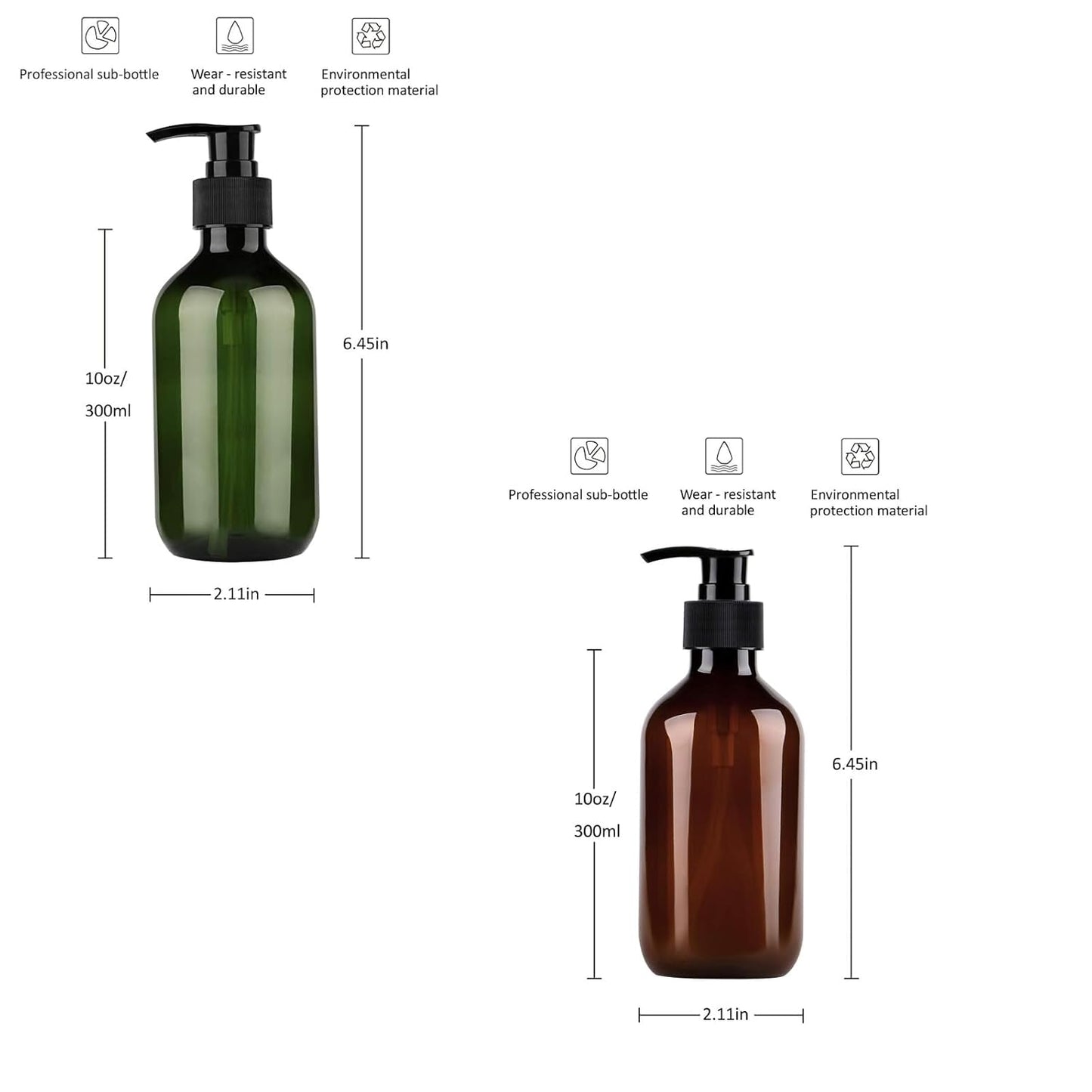 Pump Bottle Dispenser, Yebeauty 10oz/300ml Empty Plastic Shower Refillable Dispenser Soap Shampoo Pump Dispenser Containers with Pump Multipurpose for Cosmetic Kitchen Bathroom, 2-Pack Green and Brown