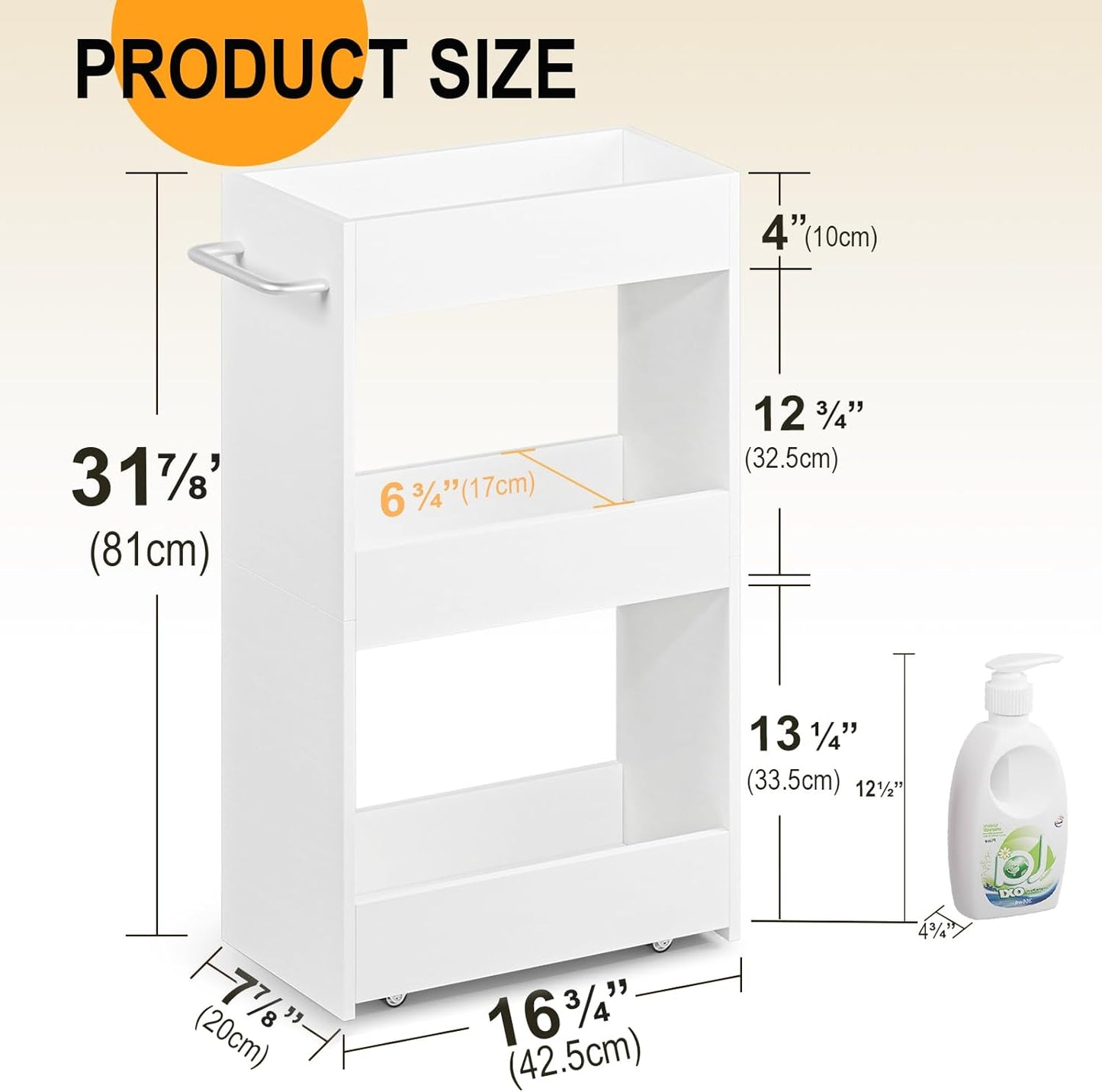 MARTY Wood Rolling Storage Cart 7.9" W, 3 Tier White Slim Utility Kitchen Cart on Wheels Laundry Room Bathroom Organizers Narrow Shelves with Handle Mobile Shelving Unit for Small Places