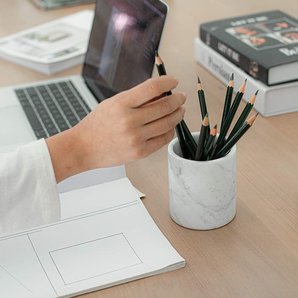 Natural Marble Pencil Pen Holder Stand for Desk, Makeup Brush Cup for Girls, Bathroom Tumbler Cup, Durable Office & Home Organizer Pencil Holder (White)