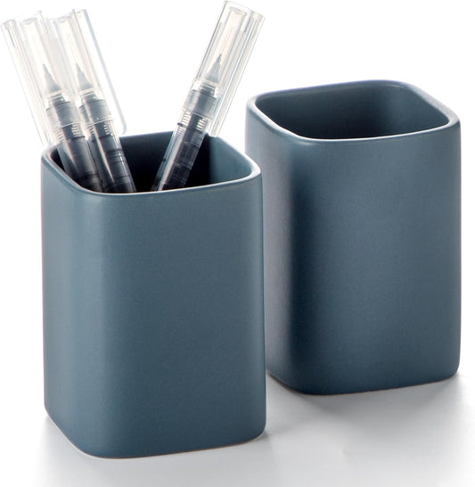 Pen Holder, 2 Pack Pencil Holder for Desk ,Ceramic Pencil Cup Desk Organizer, Makeup Brush Holder Cute, Stationery Accessories for Office, School, Home (Matte blue)