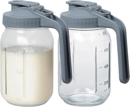 Novelinks 32OZ Glass Pitcher with Lid, Wide Mouth Mason Jar Pitcher, Leak-proof Water Jug for Juice, Milk,iced Coffee Lemonade Tea,2 Pack