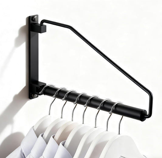 NEWRAIN Folding Clothes Hanger Rack, Wall Mounted Laundry Racks for Drying Clothes,Swing Clothing Hanging System Drying Closet Storage Organizer Black