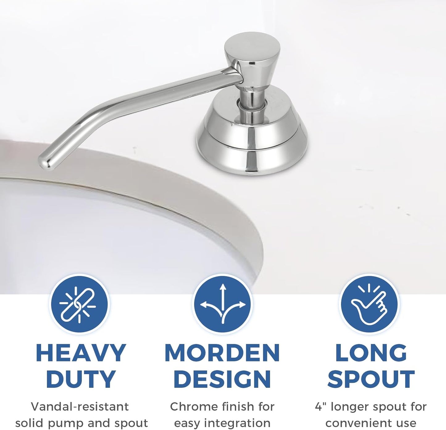 Heavy Duty Brass Countertop Liquid Soap Dispenser, Commercial Grade Top Fill Built-in Soap Dispenser with 34 oz/ 1L Bottle for Bathroom, Kitchen, Public Restroom, Chrome Finish, 4” Spout