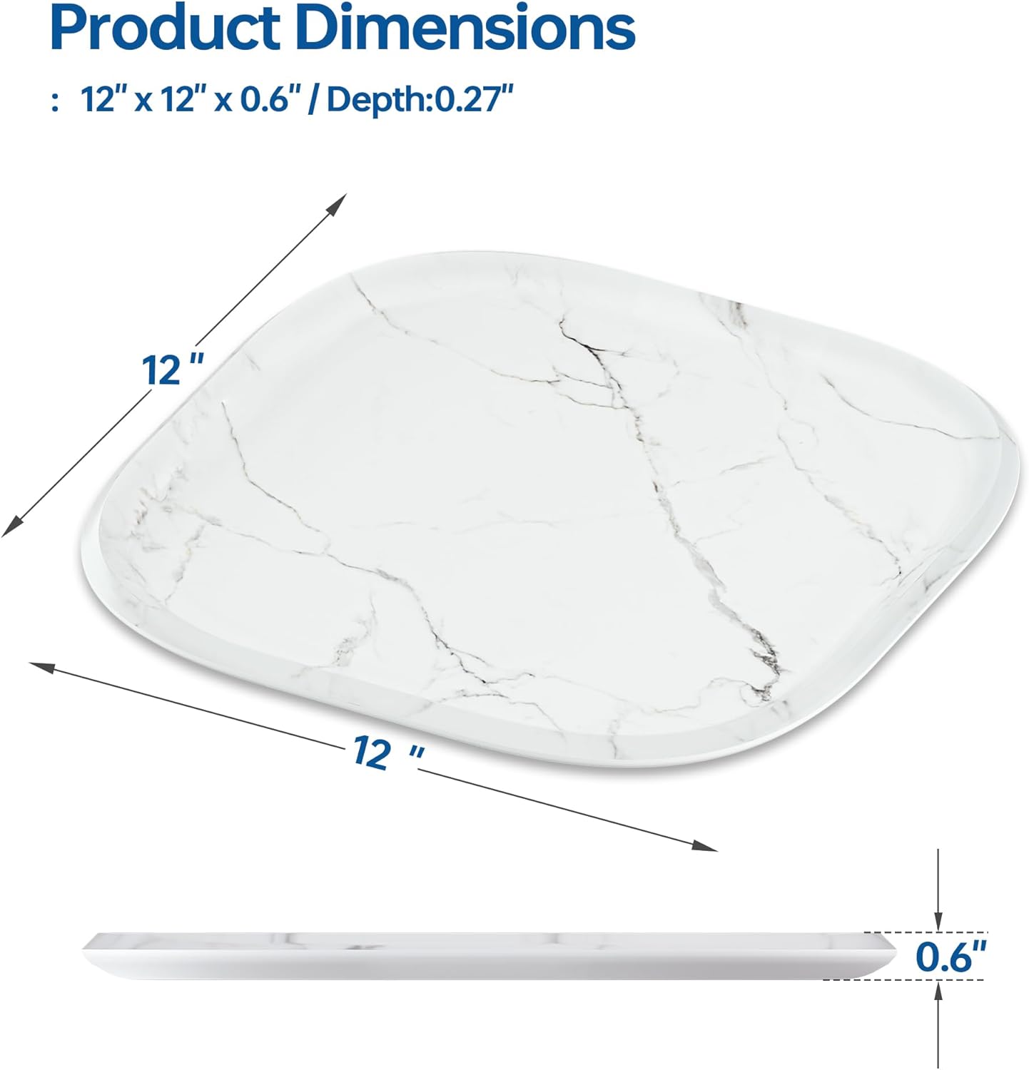 Vanity Decorative Glass Tray,12" x 12" White Marble Pattern Perfume Tray, Bathroom Tray Countertop Organizer for Soap Towel, Jewelry, Candle